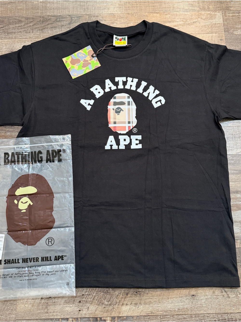 A Bathing Ape Black Logo Short-Sleeve Tee with Plaid Ape Motif